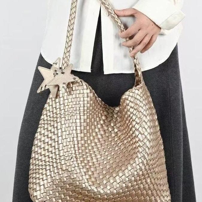 Champagne Color 2025 Super Popular Woven Tote Bag for Women Large Capacity High-end Handbag Shoulder Bucket Bag