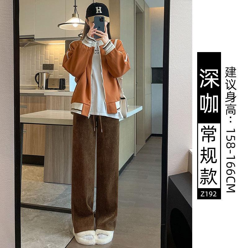 Black Chenier Wide Leg Pants Women's Pants Autumn and Winter Fleece Thickened Straight Pants Casual Skinny Corduroy Pants