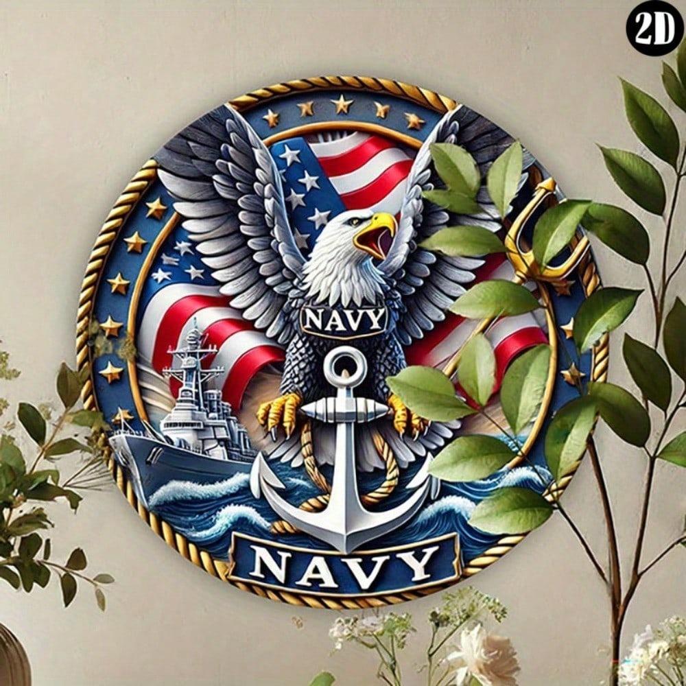 Vintage Eagle Navy Metal Sign Round Wall Art Home Outdoor Decor Fourth of July Patriotic Gift Customized