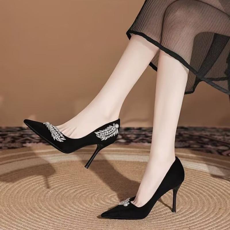 Fashion Temperament Stiletto Single Shoes Autumn New Pointed Toe Shallow Suede Rhinestone Non-slip High Heels