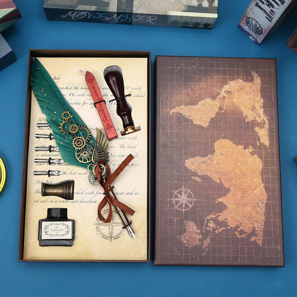 Retro Feather Pen Mechanical Feather Pen Steampunk Dip Pen Qixi Festival Gift Box Set Gift