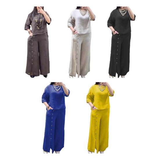 Women's Loose Cotton Linen 2-Piece Outfit Short Sleeve Top And Split Wide Leg Pants Set Summer Casual Lounge Set