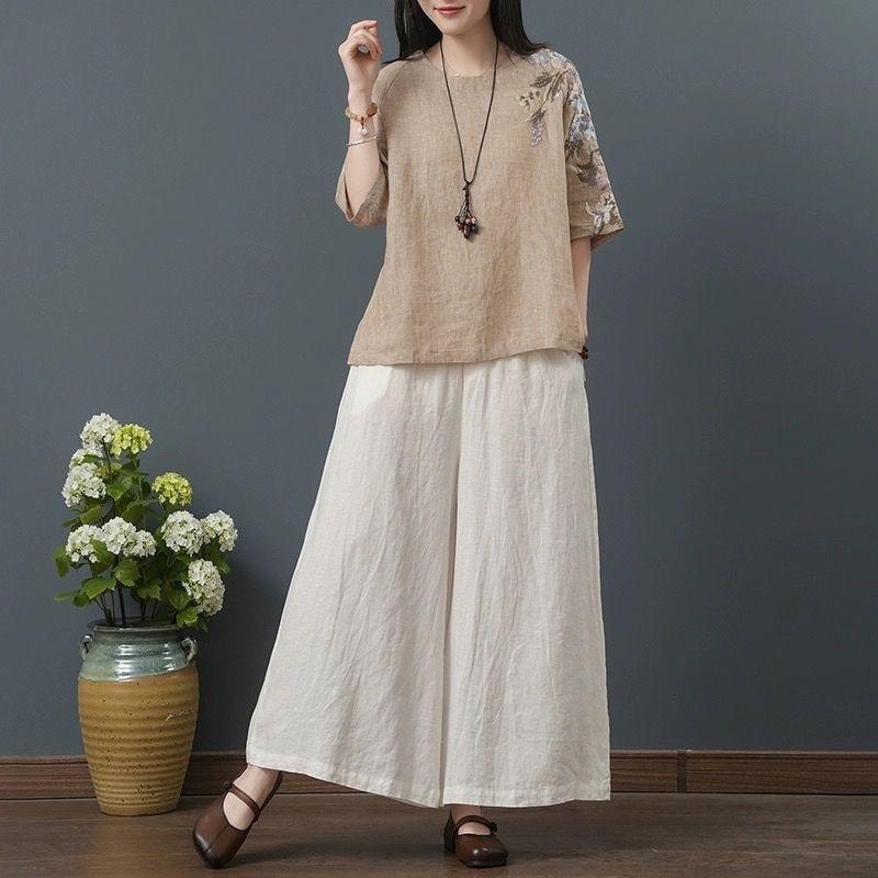 Summer Linen Embroidered Cotton and Linen Tops Women's Short Sleeve T-shirt Cropped Pants Set