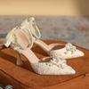 Spring and Autumn New Butterfly Bow Hollow High Heels Style Pearl Chain Pointed Princess Shoes Versatile Single Shoes for Women