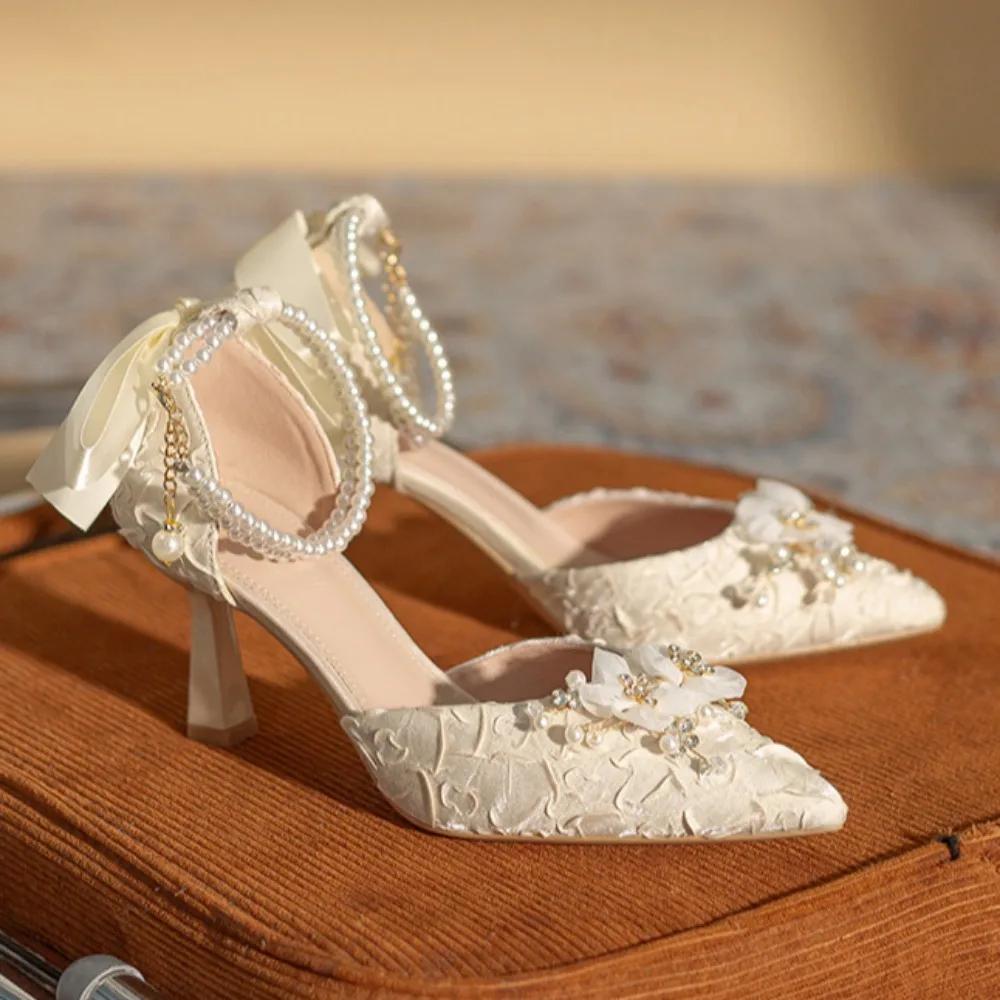 Spring and Autumn New Butterfly Bow Hollow High Heels Style Pearl Chain Pointed Princess Shoes Versatile Single Shoes for Women