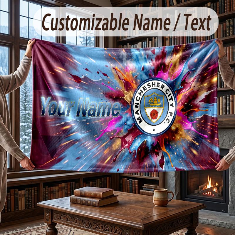 Custom Name Flannel Throw Blanket Manchester City Pattern Warm Home Decoration