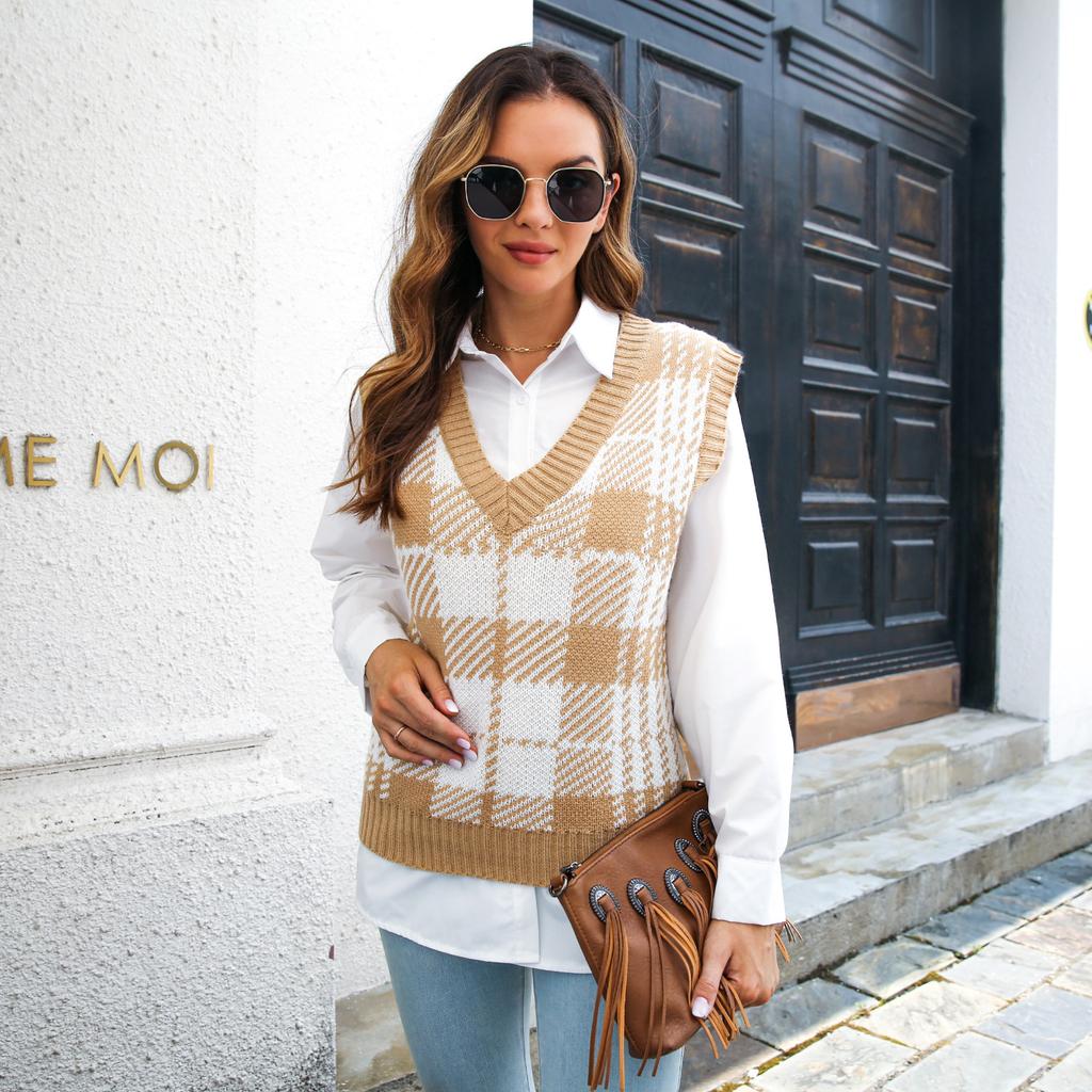 QICED Női divat alkalmi kockás mintás őszi téli ujjatlan V-nyakú kötött mellények