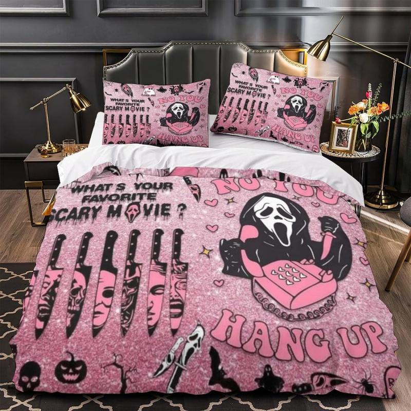 Halloween Bedding Set 3-piece Pink Cartoon Skeleton Duvet Set Funny Horror Ghost