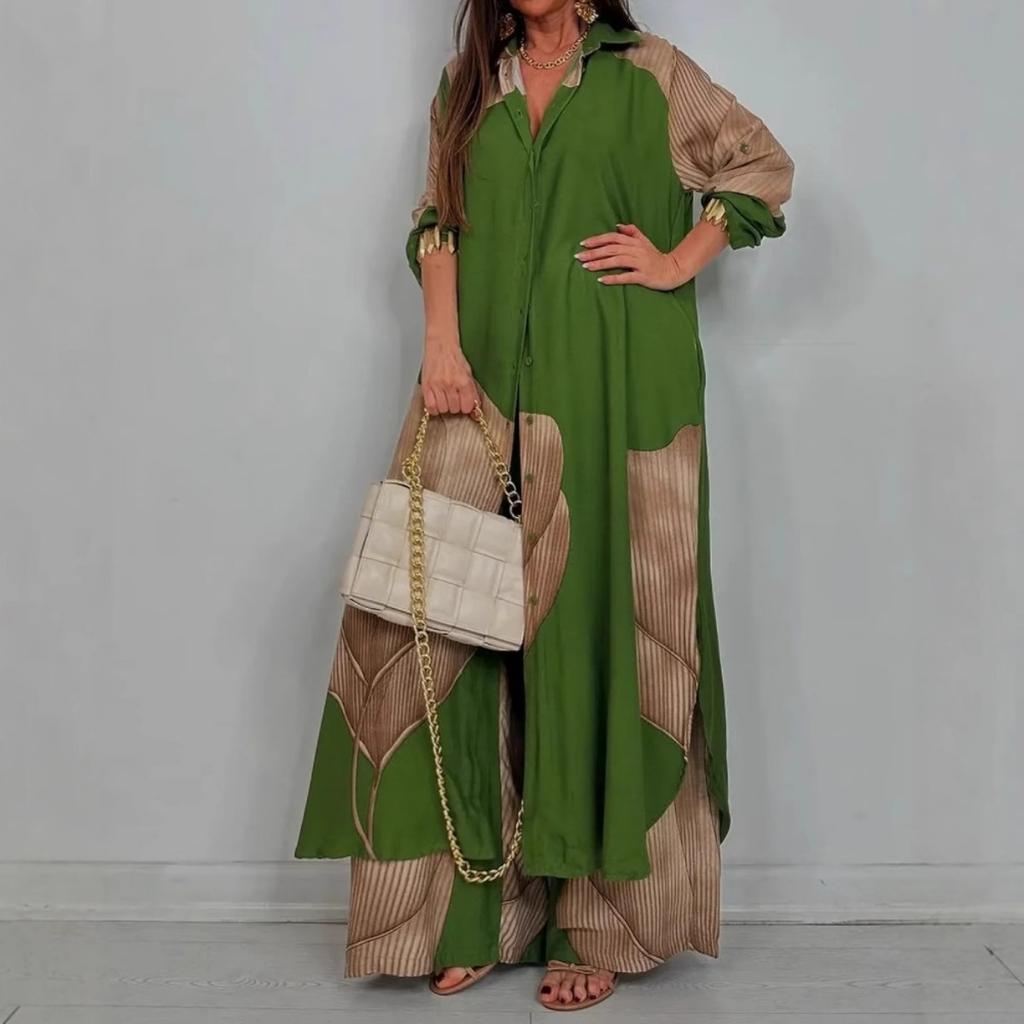 Spring New Women's 2 Pieces Set Fashion Casual Colorblock Loose Shirt + Long Pants Outfit For Crossborder Independent Station