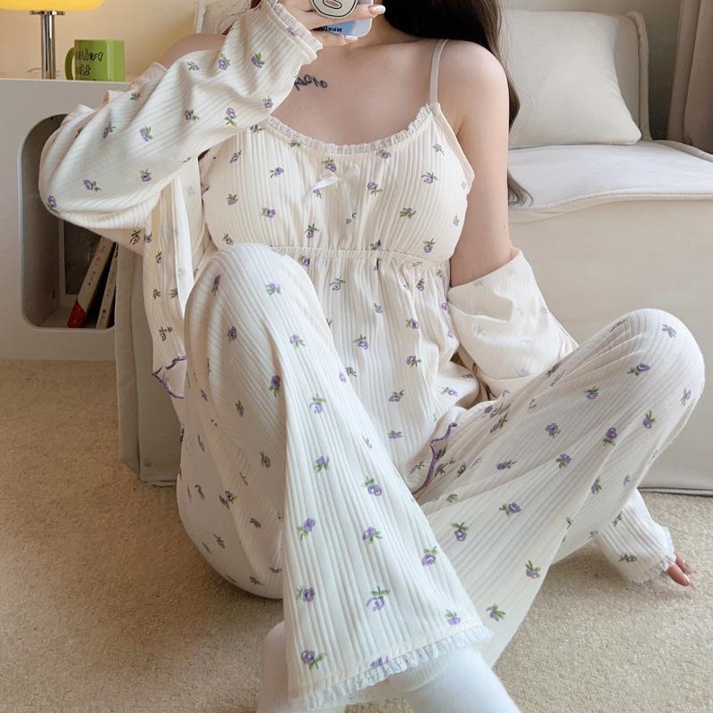 Women's Four-Piece Pajama Set: Cotton Suspenders, Long Sleeve Top, Trousers & Shorts for Spring & Autumn Relaxation