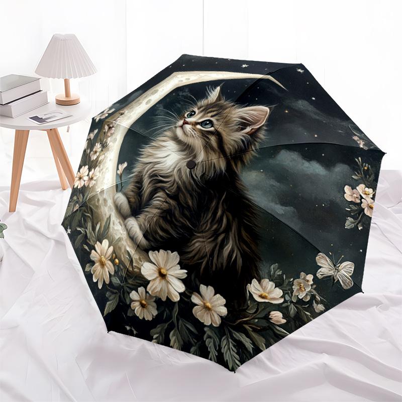 1 PC Automatic Folding Umbrella - Kitten and Moon Night Pattern, Portable & Foldable Design with 8 Ribs, Christmas Birthday Gifts