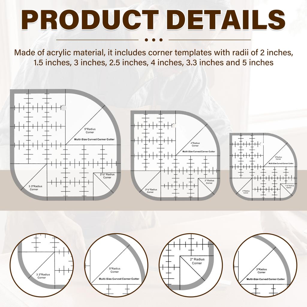 3Pcs Curved Corner Cutter Quilt Ruler Non-Slip Acrylic Quilting Rulers Sewing Patchwork Ruler Sewing Template Patchwork Tools