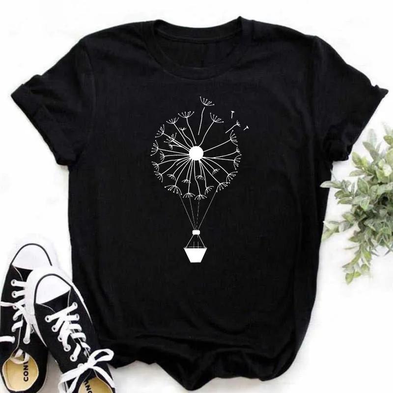 New Summer  Dandelion Butterfly Print Women Tshirt Casual White and Black T-shirt Funny T Shirt Gift for Lady Young Girl Tops