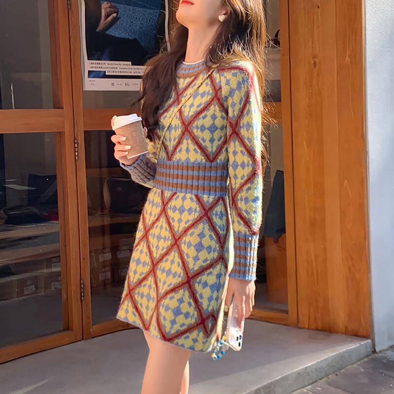 TonLion Retro Argyle Knit Mini Dress