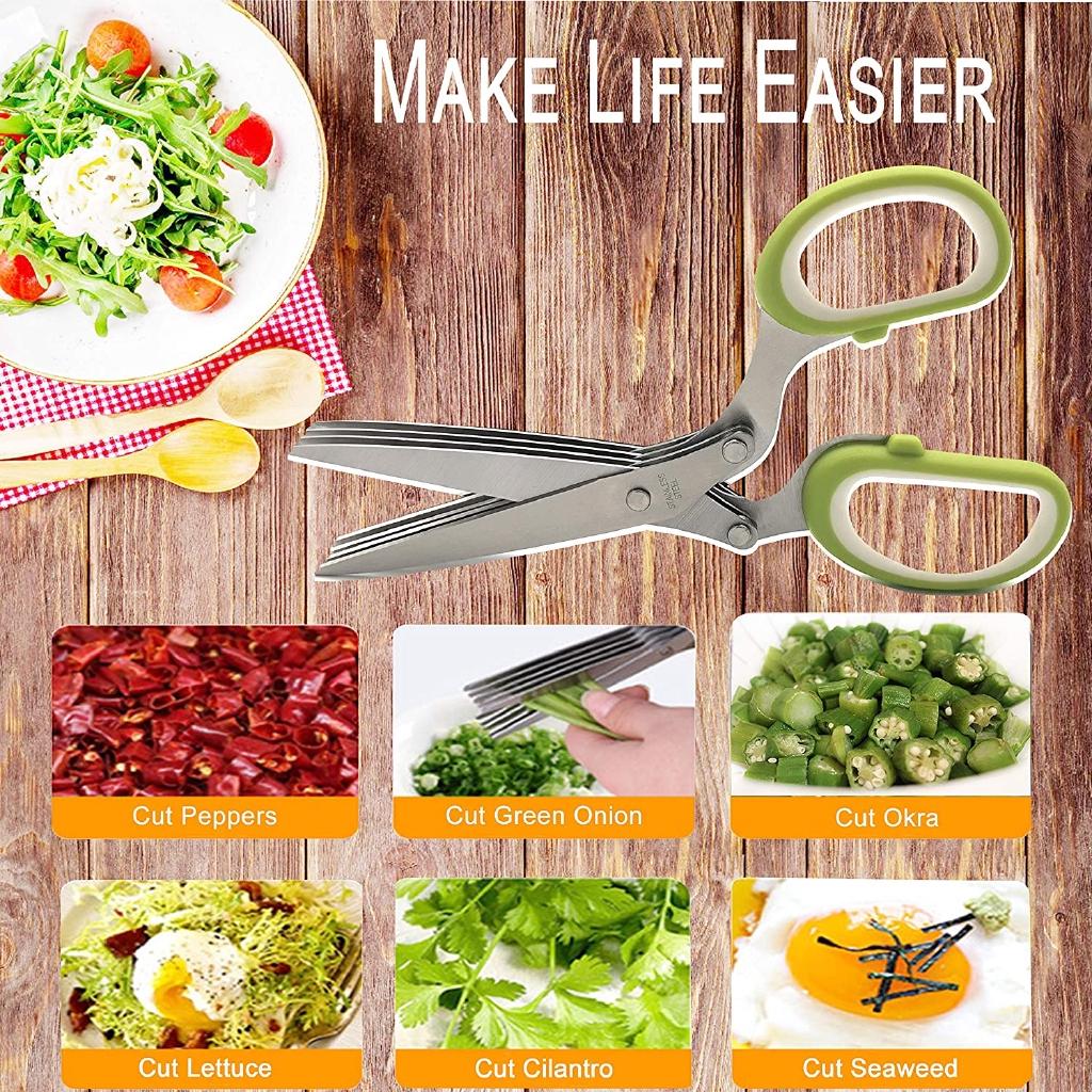 Homlly 5 Stainless Steel Blades Herb Scissors (Green) (X2PCS)