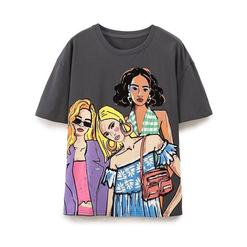 Fashion Wind 2024 Summer New Product Women's Clothes Casual Loose Print Washing Effect T-shirt 1131326 807