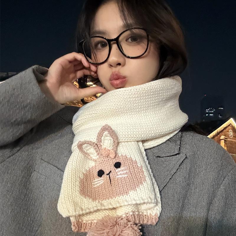 Japanese style Cartoon Cute Rabbit Knitted Woolen Scarf for Women in Autumn and Winter Korean Style Versatile and Warm Faux Cashmere Scarf Trend