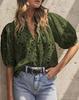 Women's V-Neck Lace Embroidery Lantern Sleeve Summer Top
