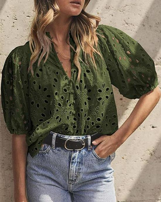 Women's V-Neck Lace Embroidery Lantern Sleeve Summer Top