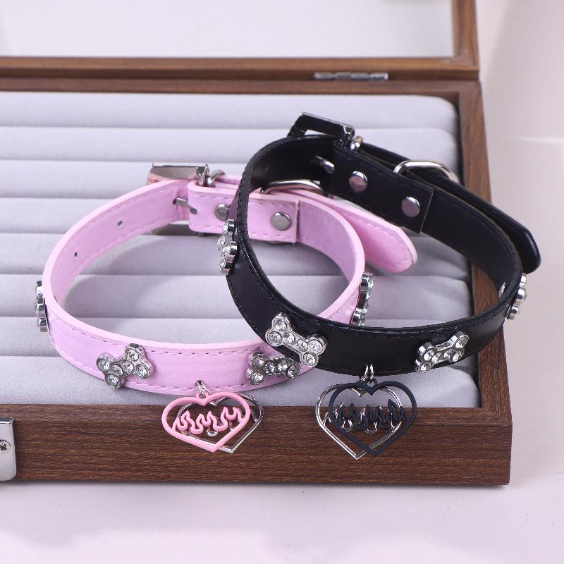 Y2K Bling Rhinestones Dog Bone Hollow Heart Charm Choker Trendy Punk PU Leather Necklace Sweet Cool Girls Jewelry Accessories