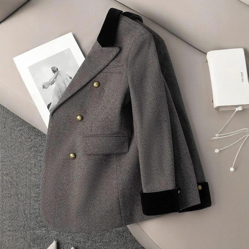 Women's Office Woolen Suit Jacket for Women Autumn Winter Chic Gray Herringbone Pattern Suit Female Thick Casual Coat