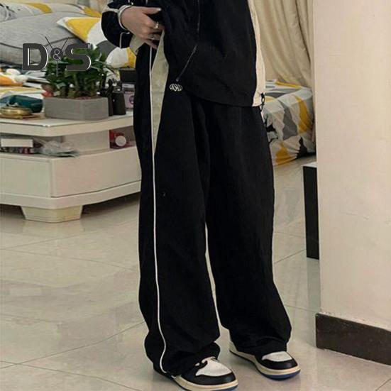 Women Summer Casual Pants Elastic High Waist Straight Wide Leg Long Trousers Contrast Color Pockets Sport Pants Streetwear