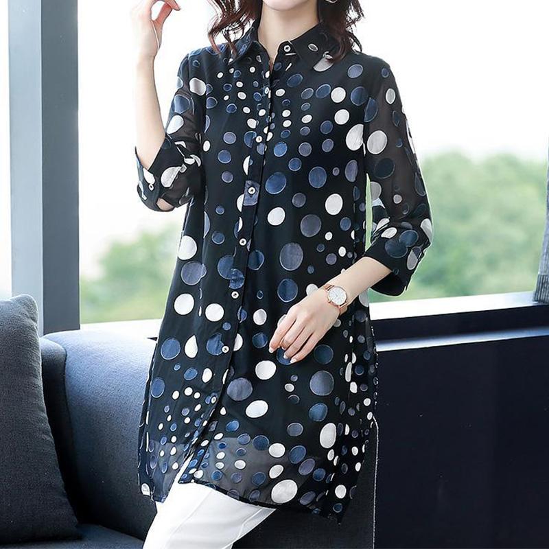 Casual Vintage Polka Dot Button Long Shirt Summer New Office Lady Polo-Neck Three Quarter Sleeve Loose Tops Ladies Clothing