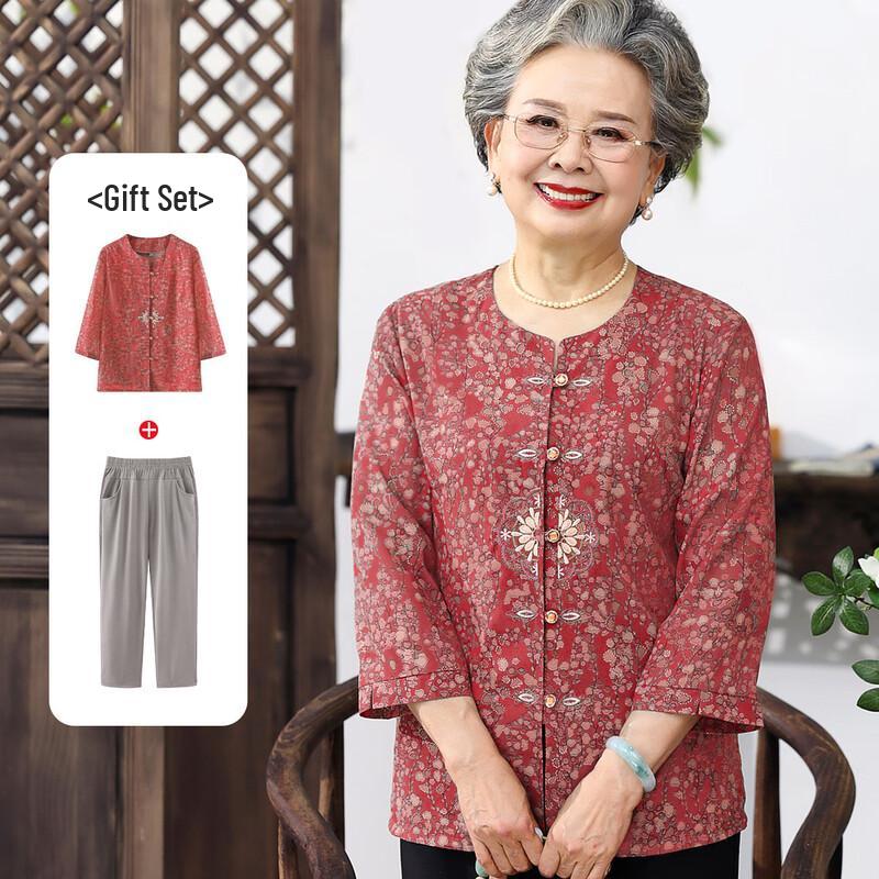

Elderly Women s Spring/Autumn Seven-Sleeve Shirt Set 4XL
