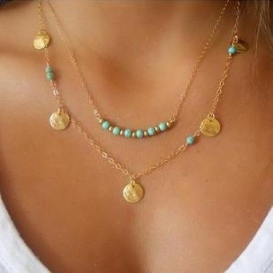 Многослойное Круглое Бирюзовое Ожерелье-Подвеска Модное Трендовое Элегантное Универсальное Цепочка на Ключицы Ювелирное Изделие C054