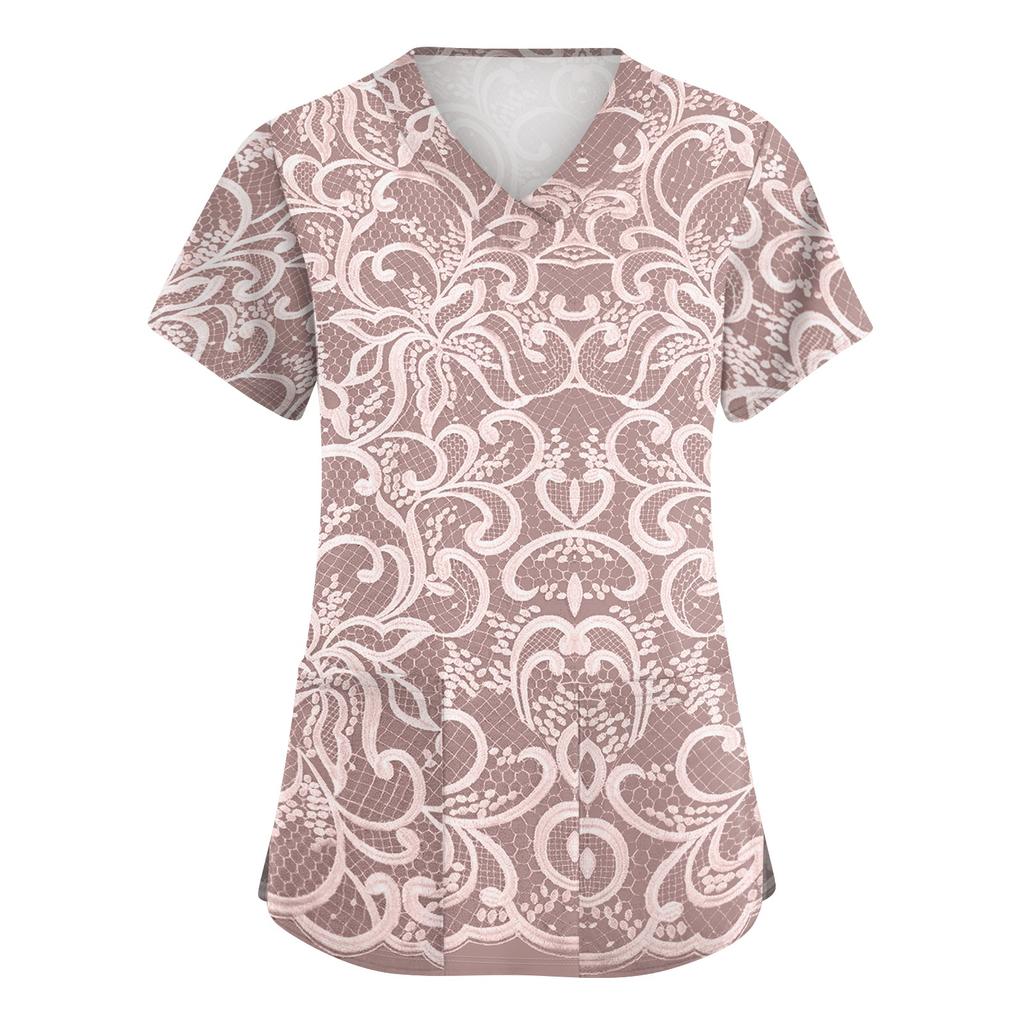 Women's Fashion Polka Dot V-Neck Short Sleeve Work Top with Pockets, Caregiver Uniform Shirt