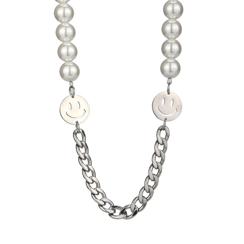 Titanium Double Steel Smiley Face Pearl Necklace Unisex Trendy Jewelry For Fall Winter Wear