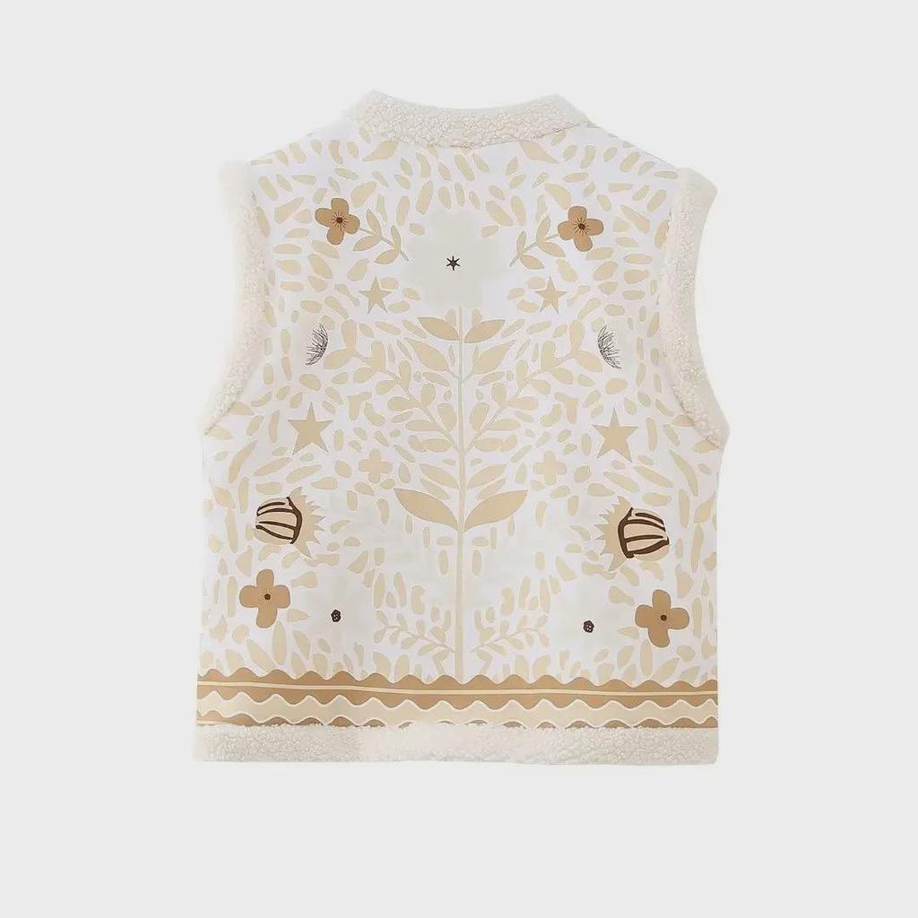 2023 Autumn/Winter Ethnic Style Retro Print Velvet Slim Fit Vest Jacket