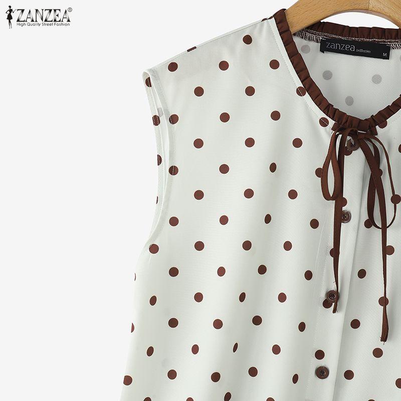 ZANZEA Women Casual Round Neck Sleeveless Polka Dot Print Tank Tops