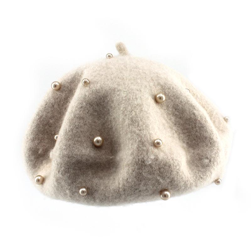 Berretto da bambino in materiale di lana moda con perle Cappellini da bambina retrò in tinta unita per 3-8 anni