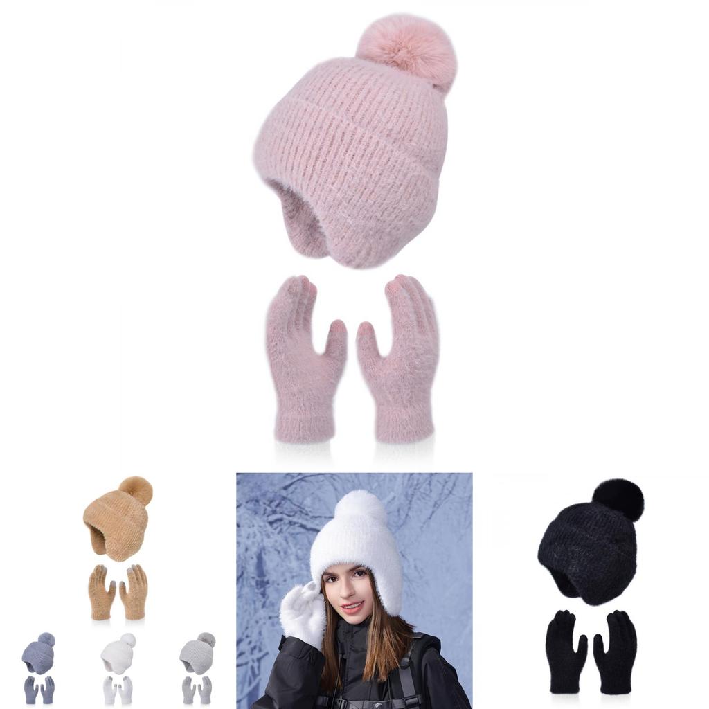 Winter Knit Hat And Gloves Set With Windproof Fleece For Ladies Outdoor Warmth Comfort