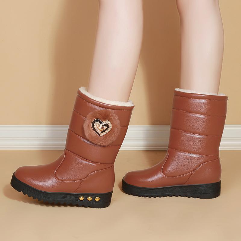 

Женские зимние ботинки из кожи, полуботинки для женщин, со стразами, до середины голени, с заклепками, водонепроницаемые, удобные и элегантные, демисезонные 35