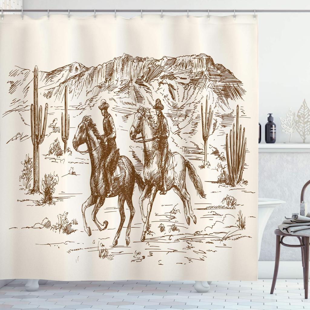 Cactus Shower Curtain,Western Nature Wild West Nature Sunset In Sonoran Desert Near Phoenix Fabric Saguaro Bathroom Curtain Sets