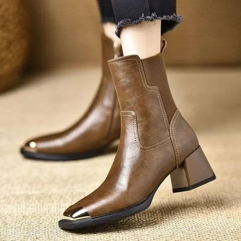 New Split Leather High Quality Ankle Boots for Women Pointed Toe Zipper Chunky High Heels Autumn Boots Big Size 35-40