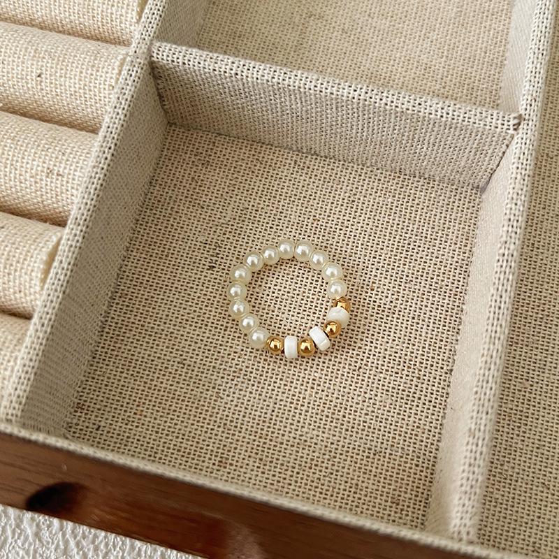 Pearl Beaded Ring Women's Elastic Rope Literary Stacking Index Finger Ring High-end Handmade Ring Jewelry