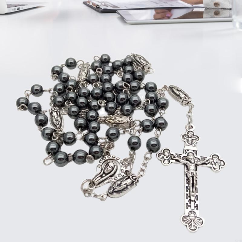 62KD Vintage Religion Rosary Necklace Hematite Stone Round Beads Chain with Jesus for Cross Pendant Necklace Catholic Jewelry