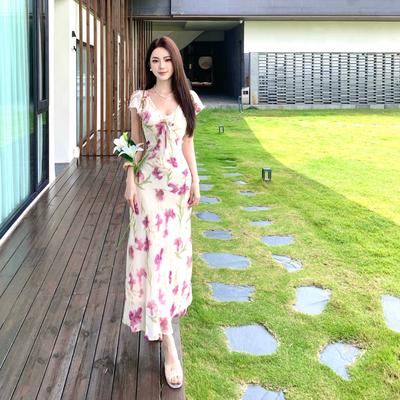 French Retro Vacation Style Printed V-neck Suspender Dress Women's Summer Waist Pinched Waist Skirt Romantic Style Long Dress