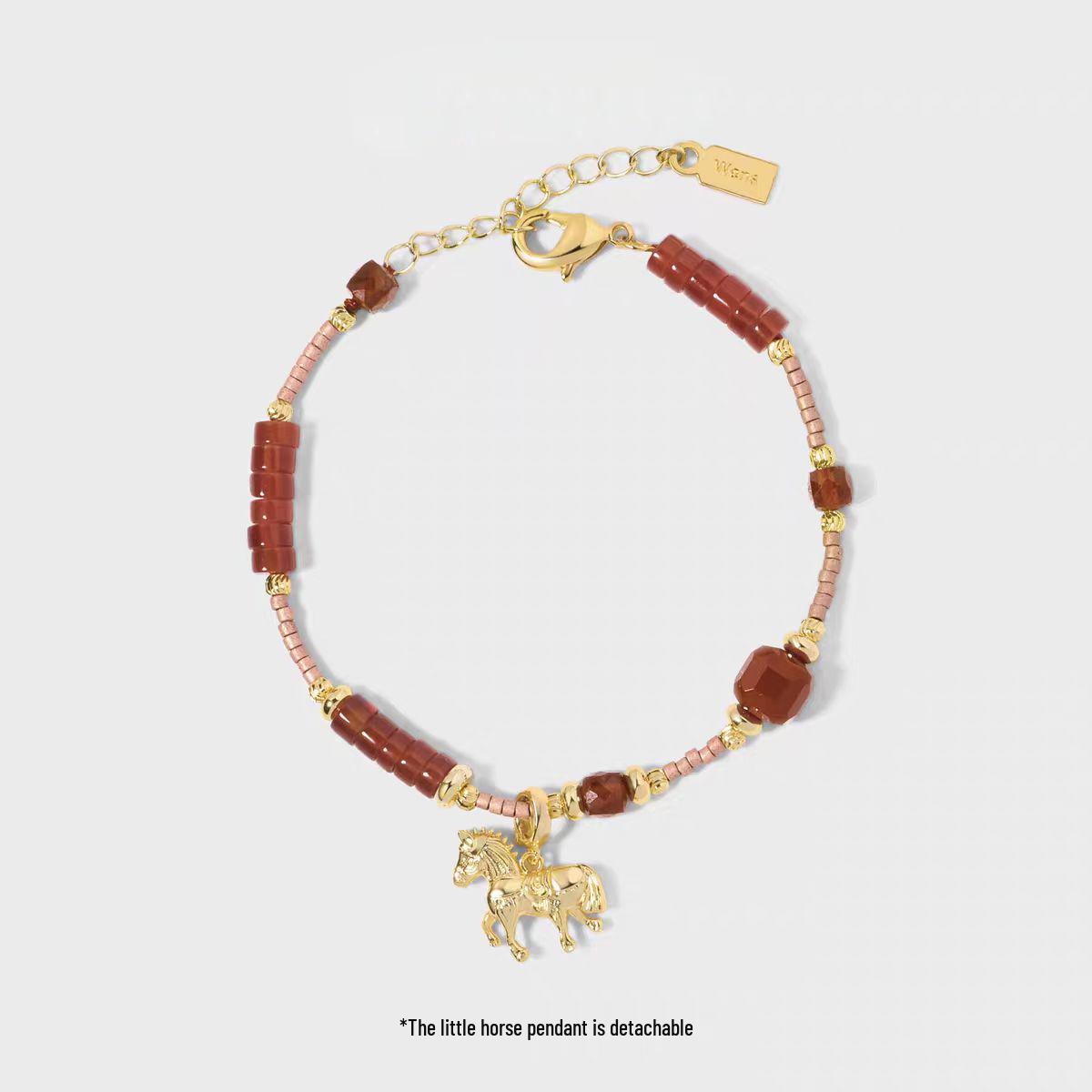Red Agate Horse Pendant Necklace: Chic & Versatile Year of the Rat Design with Beaded Clavicle Chain
