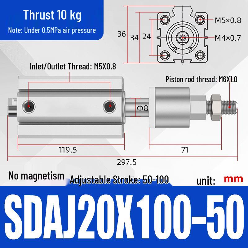 Adjustable Stroke Pneumatic Thin Cylinder - Piston Rod Sizes: 16/20/25/32/40/63