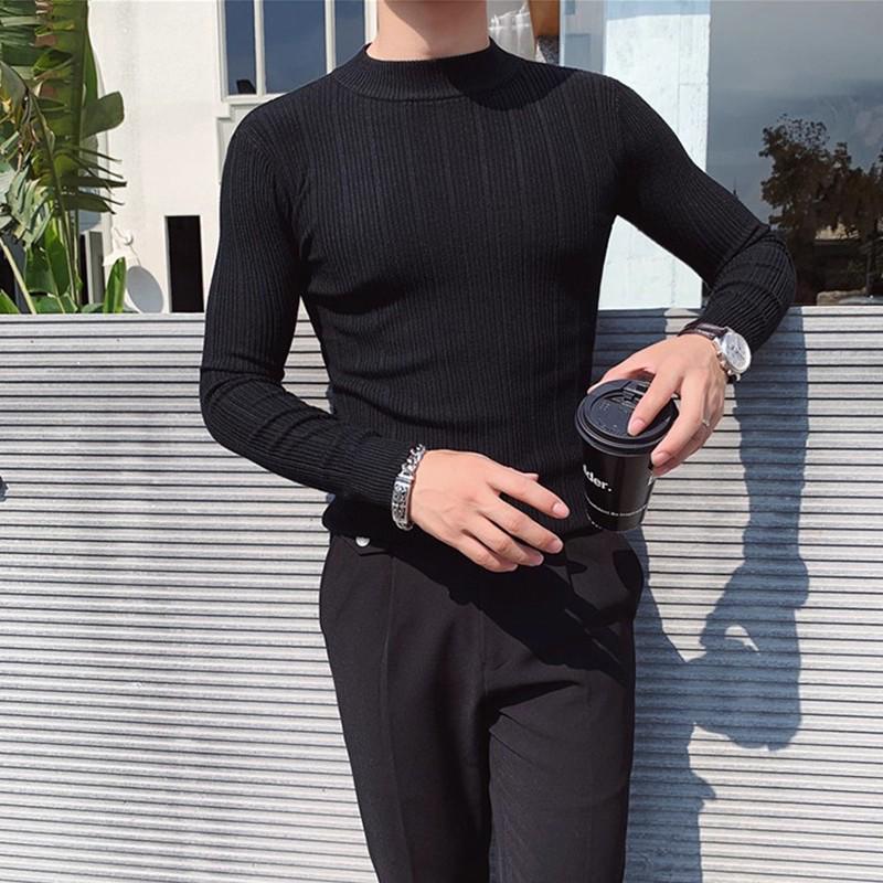 Men's High-Elasticity Ice Silk Ribbed Long Sleeve Striped T-Shirt