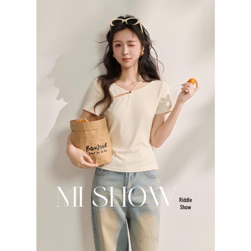 Mishow Retro Hollow Beaded Short Sleeve T-Shirt S