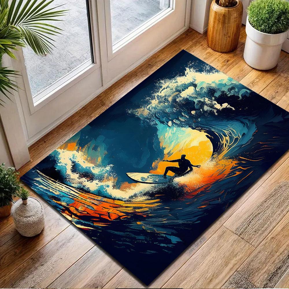 Surfer Riding a Vibrant Wave Patterned carpet, non slip mat suitable for living room and bedroom sofas