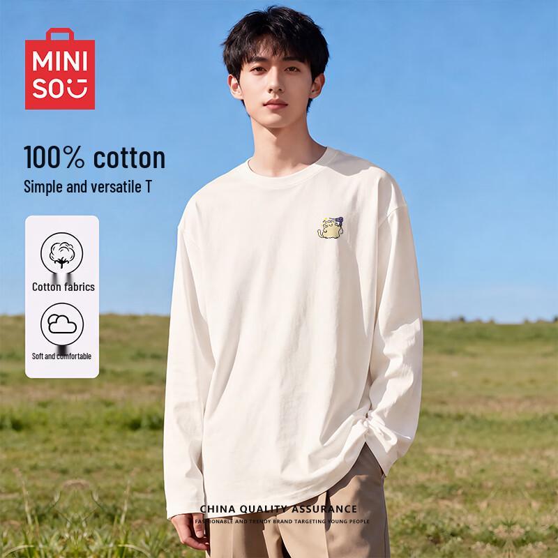 MINISO Men's Loose Fit Cotton Long Sleeve Tee with Cat Print