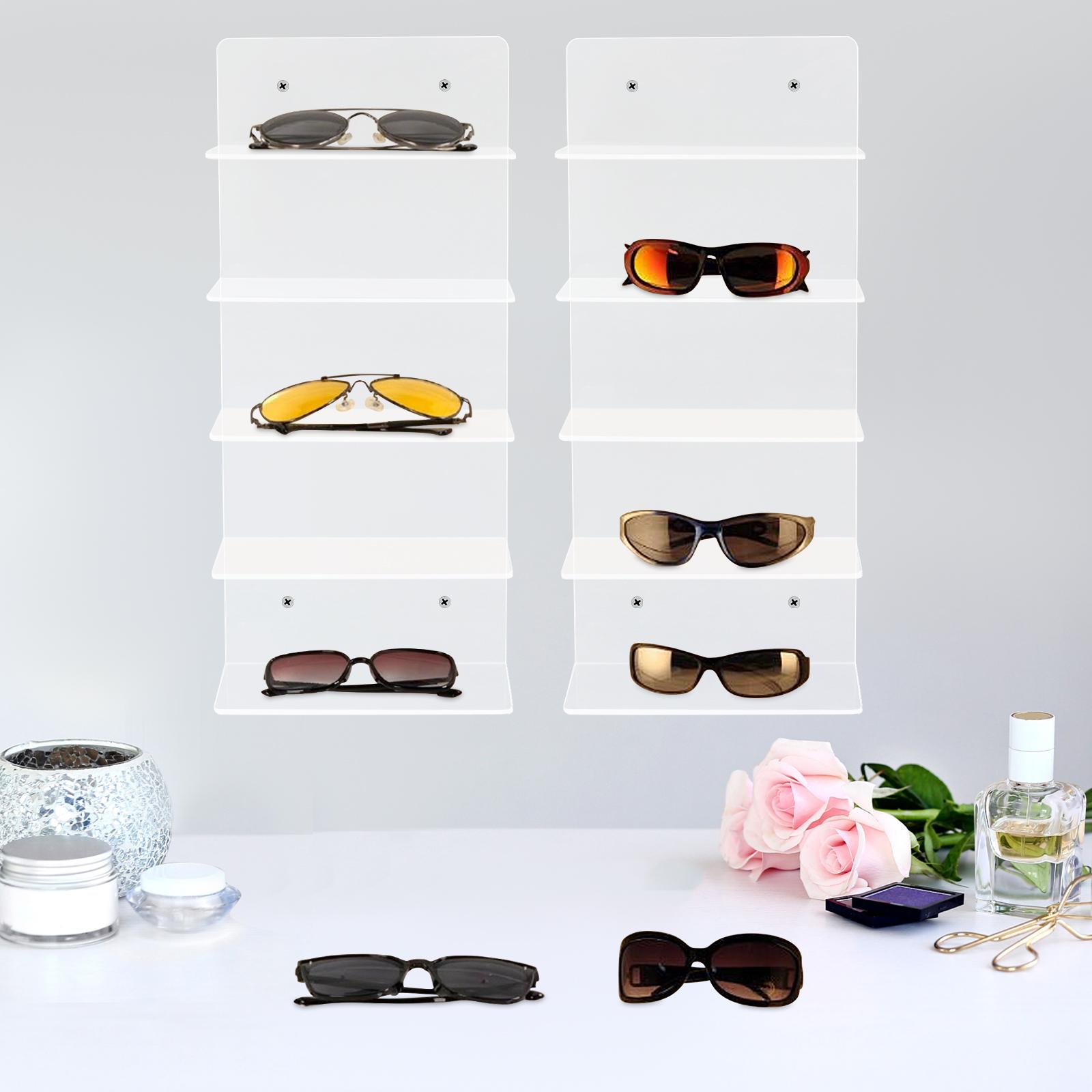 

2PCS Acrylic Sunglasses Holder Rack,Clear 5 Tier Eye Glasses Shelf Wall-Mounted 17*11*40cm for Bedrooms,Dressing Rooms чистый