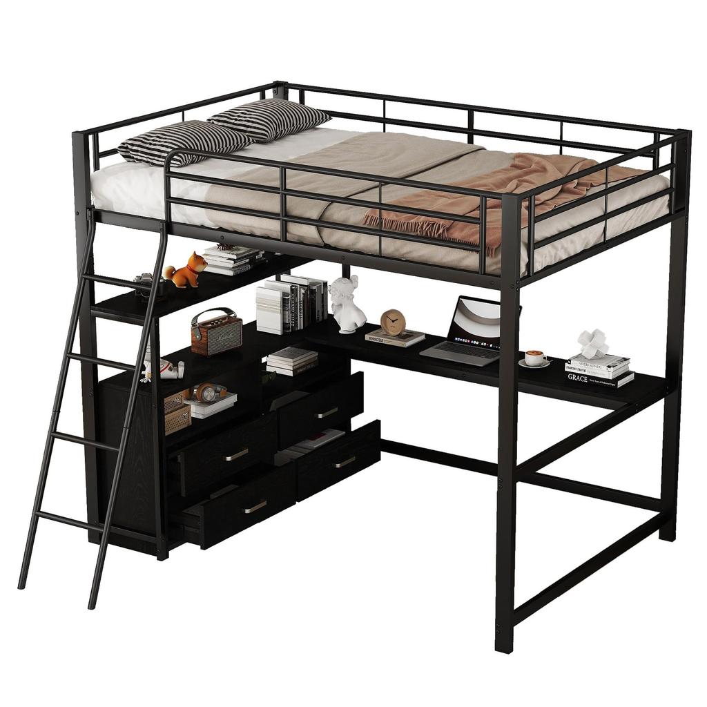 Kinderbett Hochbett 140x200 Metall, L-Desk, 4 Schubladen, Regal, Lattenrost, (ohne Matratze)