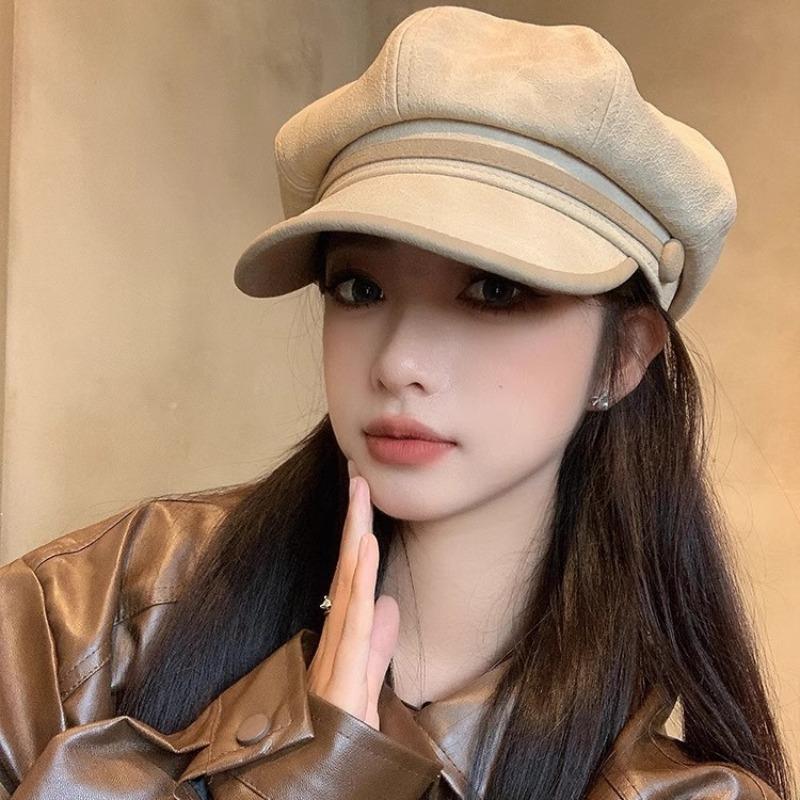 New pu leather brim octagonal hat female retro face little newsboy painter hat big head circumference beret